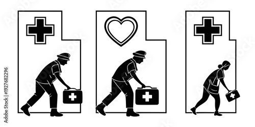 A person carrying a medical bag, a heart, and a plus sign representing healthcare services. Vector