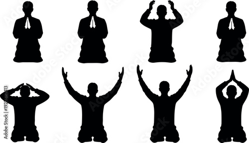 Silhouette illustration of a man kneeling in various prayer poses showing religious devotion spirituality and worship isolated on white background.
