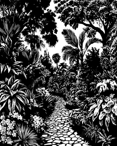 Greenhouse filled with tropical plants and a stone path in the center, vector graphic