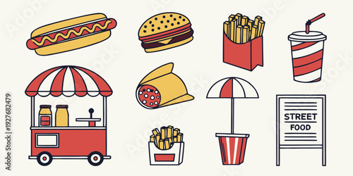 A vibrant food truck scene with a variety of delicious street food options Vector