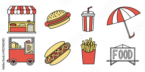 Assorted summer food and drink items with a beach umbrella and ice cream truck Vector