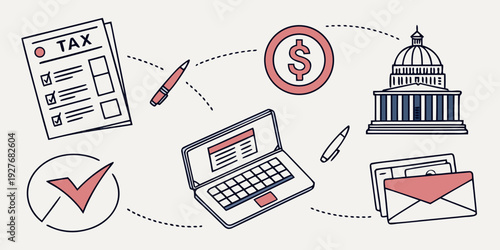 Conceptual illustration of financial and political themes with various icons Vector