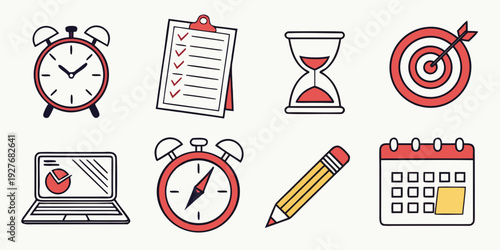 A collection of icons representing time management and productivity tools Vector