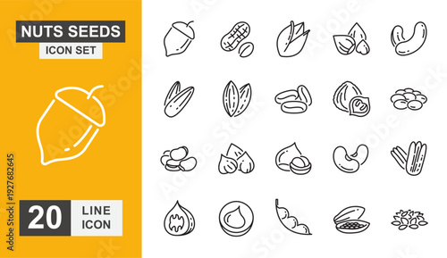 Nuts seeds icon set. nut, almond, walnut, peanut, protein, hazelnut and more line icon.