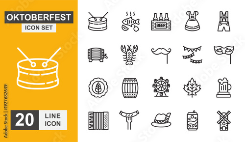 Oktoberfest icon set. Party, beer, festival, pub, barrel, hat, music and more line icon.