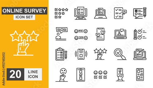 Online survey icon set. Feedback, question, rating, review, test, form and more line icon.