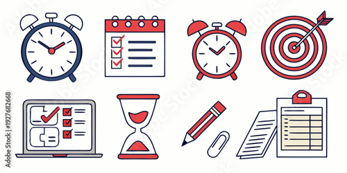 A collection of icons representing time management and productivity tools Vector