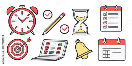 A collection of icons representing various aspects of time management and productivity Vector
