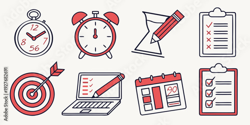 A collection of icons representing time management and productivity tools. Vector