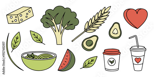 Assorted healthy food items including fruits, vegetables, and dairy products Vector