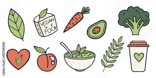 Assorted healthy food icons representing various fruits, vegetables, and heart symbols. Vector
