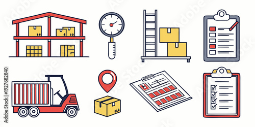 A collection of icons representing various aspects of business and industry. Vector