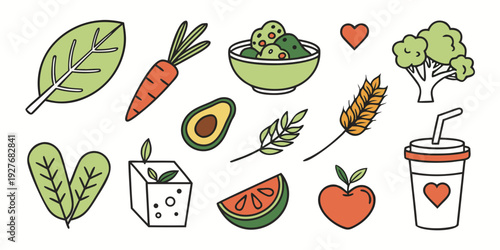 Assorted healthy food items including vegetables, fruits, and dairy products Vector