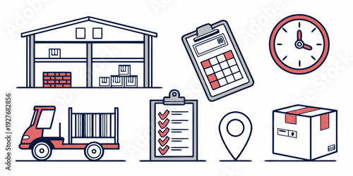 Illustrations of various logistics and delivery services with a clock and calendar. Vector