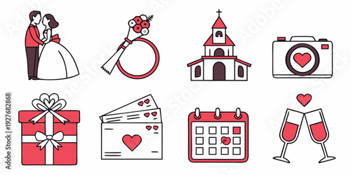 A collection of icons representing various aspects of weddings and marriage Vector