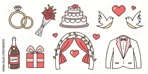 A delightful assortment of wedding-themed icons and symbols. Vector