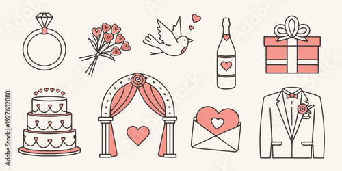 A collection of wedding icons including a bride, groom, and various wedding elements. Vector