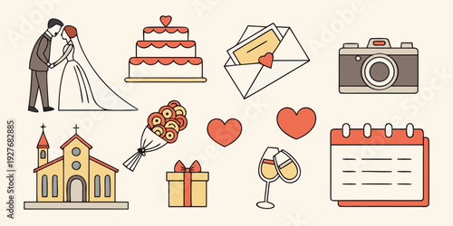 A collection of icons representing various aspects of weddings and celebrations. Vector