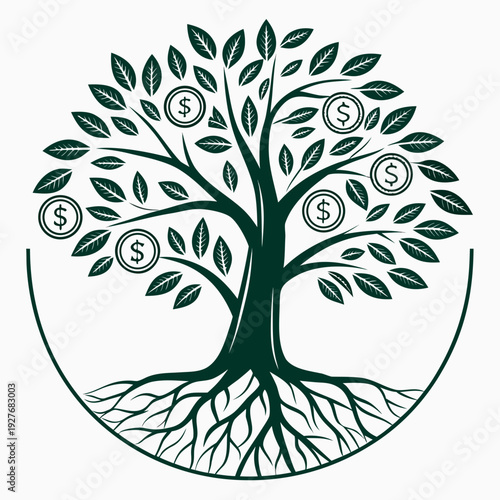 A tree with dollar signs on its leaves and roots