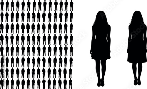 Vector illustration displaying a massive crowd of male silhouettes next to two large female figures representing gender inequality demographic statistics.