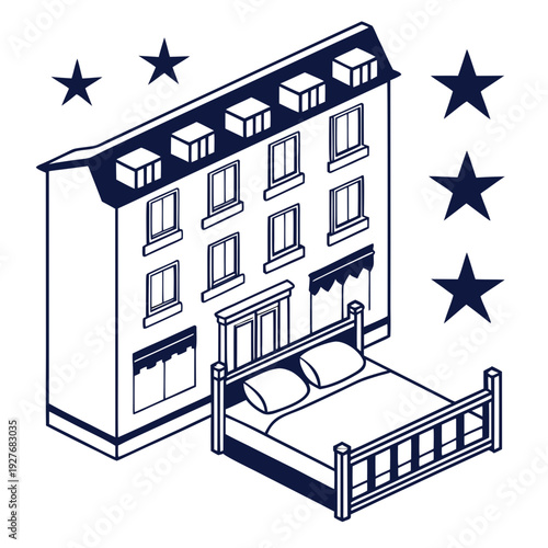 A hotel building with a bed and stars