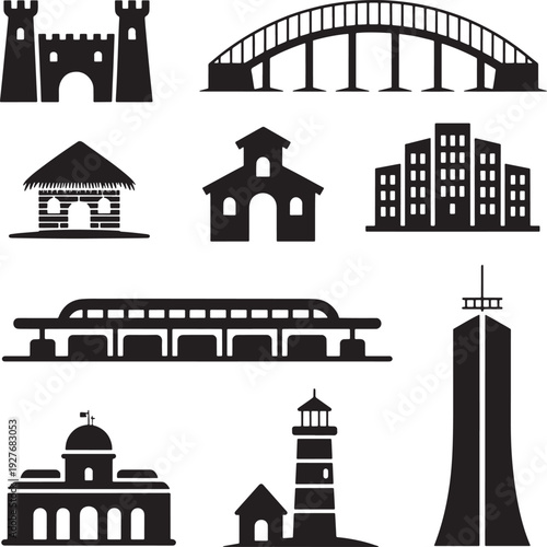 Architecture set with castle bridge hut city buildings monorail lighthouse and skyscraper icons