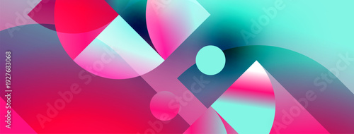 Abstract composition featuring vibrant overlapping shapes. Pink, turquoise, purple hues blend creating dynamic visual effect. Smooth gradients dominate design.