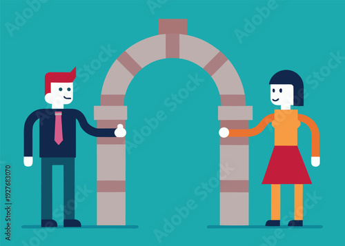 A businessman and a female robot are collaborating to build a stone-colored archway structure on a teal background.