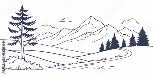 Majestic mountain landscape with trees and a winding river Vector