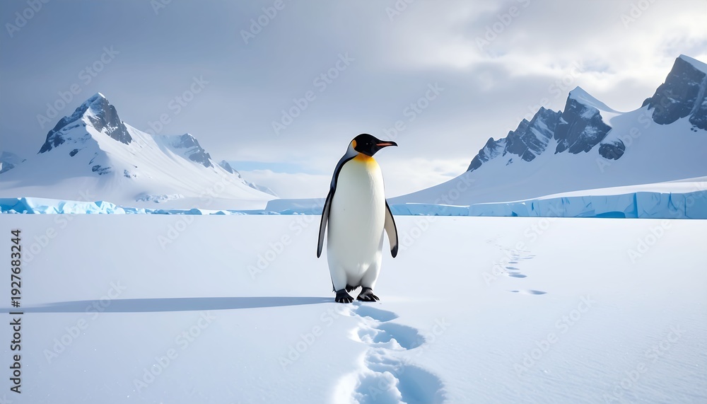 Obraz premium Majestic Emperor Penguin Walking on Frozen Antarctic Landscape with Snowy Mountains