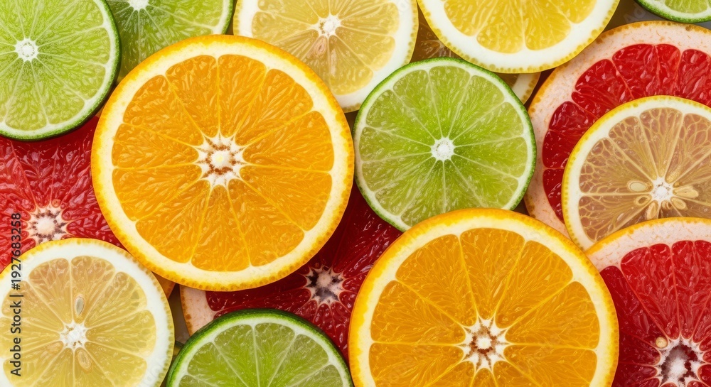 Obraz premium Vibrant Citrus Fruit Slices - Oranges, Lemons, Limes, and Grapefruit, Colorful and Fresh.