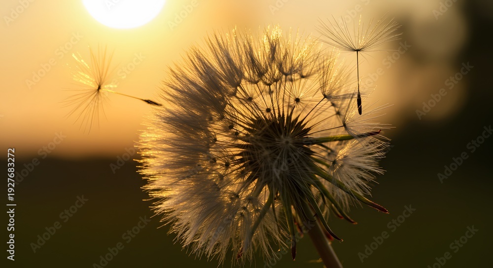 Obraz premium Dandelion Seed Head Silhouette in Warm Sunset Light