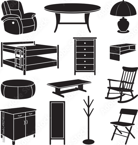 Assortment of black furniture icons for interior design featuring seating tables storage and lighting