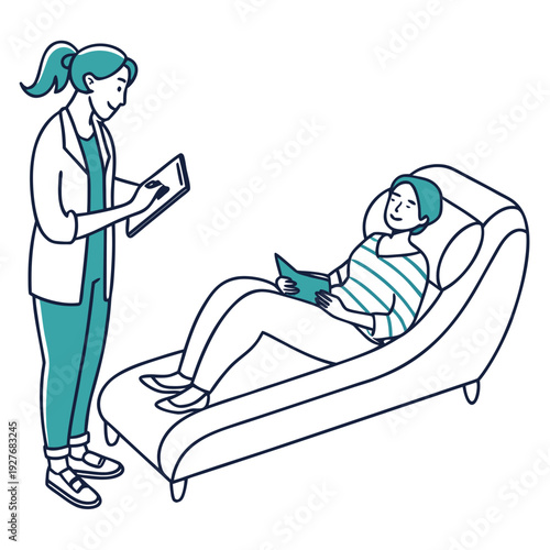 A woman lies on a chaise lounge while a healthcare worker looks at her chart