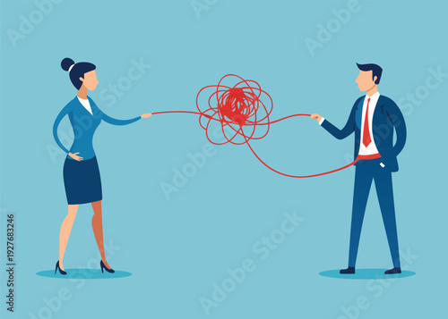 A businessman and a businesswoman work together, pulling a tangled red string knot on a light blue background.