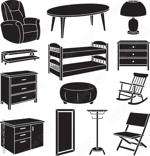 Bedroom and office furniture silhouette icons featuring bed dresser armchair and wardrobe pieces