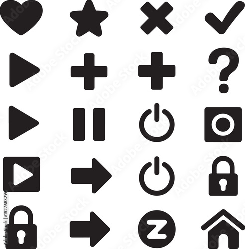 Basic interface and control button vector icon set including heart play pause power lock and home