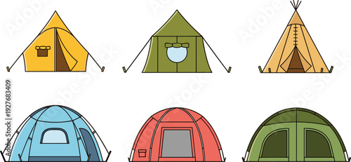 Camping Tent Collection Vector Set with Outdoor Adventure Dome Teepee and Classic Canvas Shelter Illustrations
