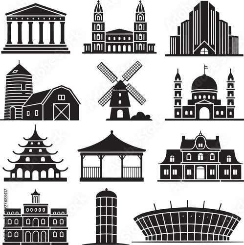 Black vector icons showing global historical religious agricultural and corporate architecture forms