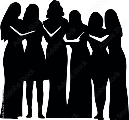 Silhouette of six women standing together group