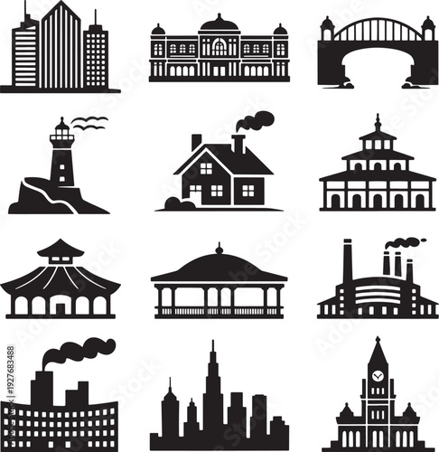 Collection of black silhouette icons representing various architecture buildings and landmarks
