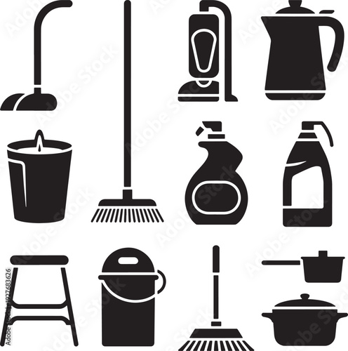 Collection of varied cleaning implements including vacuum broom bucket spray and kettle