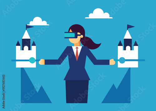 A businesswoman wearing VR glasses balances two castles on mountains connected by a horizontal slider bar.