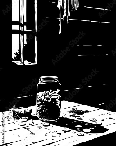 Jar of buttons and bits of string on a dirt cabin floor area, vector design