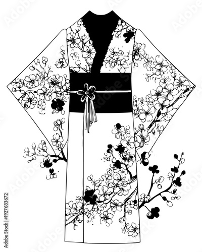 Kimono with hand-painted cherry blossoms and a stiff brocade obi belt, vector illustration