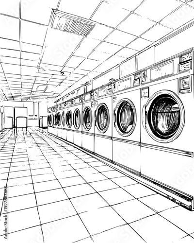 Laundromat at midnight with a long row of glowing machines, vector graphic