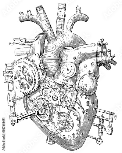 Large mechanical clockwork heart with spinning gears and pistons, vector illustration art