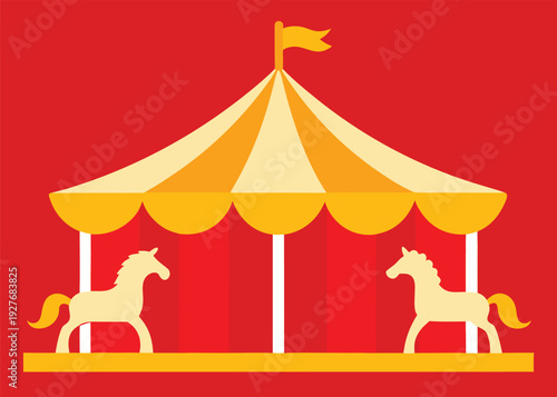 A classic red and gold striped carnival carousel with two white horses on a vibrant red background.