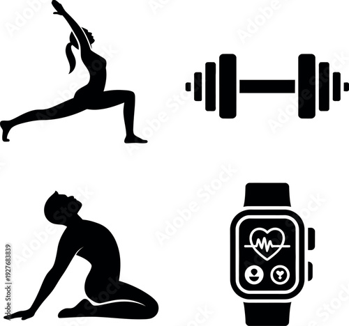 Yoga and fitness icons with smartwatch on white background