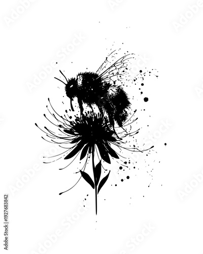 Macro shot of a bumblebee covered in pollen on a flower, vector graphic